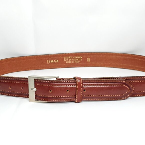 Mens Leather Belt Sz 40 Cognac Brown Accent Stitching Silver Tone Buckle Italy - Picture 1 of 5